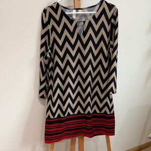 Tacera Black and Tan Chevron Dress with Red Trim